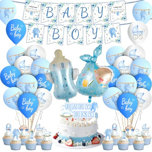 Fizdoqg Babyparty Deko Junge, XXL Luftballon Babyshowerparty Deko Junge Set | mit Banner, Luftballon, Tortendeko für Baby Showerparty, Taufe Dekoration und Babyparty
