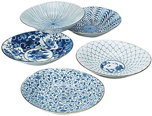 Saikai Pottery Traditional Japanese Ai-e (Ukiyo-e) Indigo Patterns Porcelain Plates (5 Plates Set) 31302 from Japan