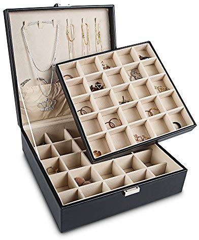 Frebeauty Earring Holder Organizer, 50 Slots Earring Organizer,2 Layer Jewelry Box for Earrings and Necklace,PU Jewelry Organizer,Jewelry Organizers and Storage(Black)
