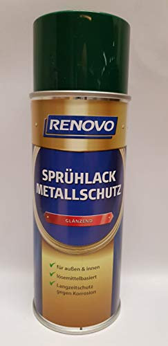 RENOVO Metallschutzlack Grün, Glänzend, für Innen + Außen, Lösemittelbasiert, Grundierung + Decklack in einem, 400 ml