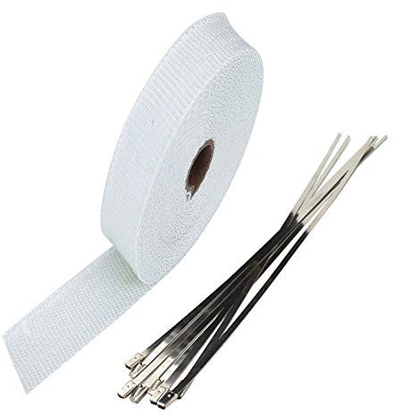 ETOPARS 2.5CM X 15M Fiberglas Weiß Hitzeschutzband Auspuffband Auspuff Hitze Wickel Schild Hülle Auto Motorrad Krümmerband mit 6 Pcs Kabelbinder