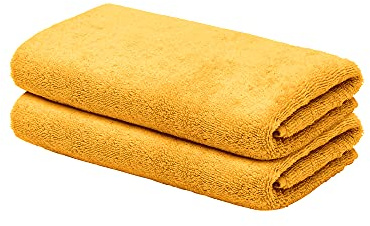 LOOKS BY WOLFGANG JOOP 2X Gästehandtuch 30x50 cm – 100% Baumwolle Doppelpack Luxus Gästehandtücher mit Aufhänger & Logostick, 2er Set Gästetuch gelb