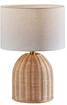 Adesso Natural Rattan Table Lamp with Off-White Fabric Shade – Modern Coastal Décor and Accent Light for Bedroom, Living Room, or Home Office, 18.25” Tall