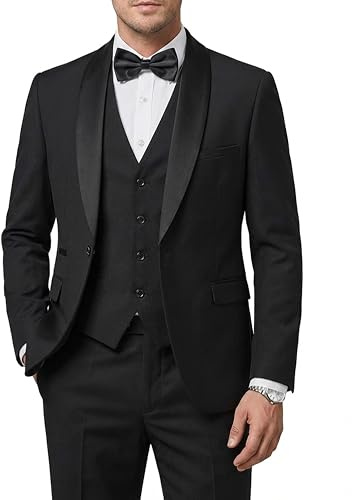 Hihawk Herrkostym i 3 delar med fluga, slim fit-smoking med kavaj med en knapp och sjalkrage, väst och byxor för fest, bröllop och bal, Svart, M