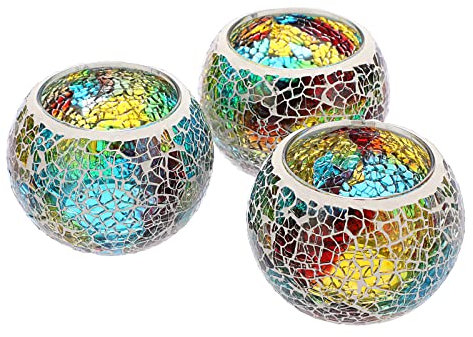 BSTKEY Set of 3 Mosaic Glass Tea Light Candle Holders, Decorative Votive Candle Stand, Round Candle Holder Centerpieces for Table, Wedding, Party, Home Decor (Colorful)