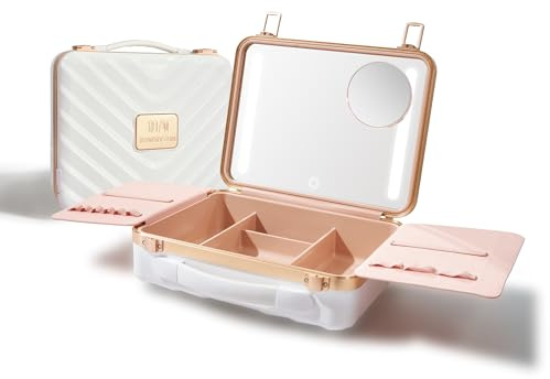 ROWNYEON Reise-Make-up-Koffer mit beleuchtetem Spiegel, tragbarer Zugkoffer, Organizer, Make-up-Box für Mädchen, Make-up-Künstler, Make-up-Tools, Friseure, Reise-Make-up-Koffer, Weiss/opulenter Garten
