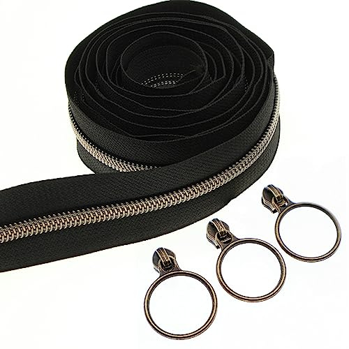 Leekayer #5 Reißverschlüsse aus Metall, Messing, Antik-Optik, lose 9,1 m, schwarzes Band mit 25 Schiebern aus Messing, zum Basteln, Nähen, Basteln, für Handarbeiten