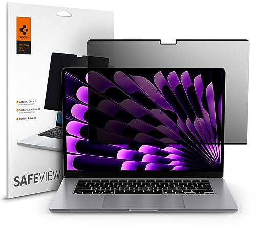 Spigen SafeView Protector Pantalla Filtro Privacidad para MacBook Air 15 Pulgadas (M4 2025 / M3 2024 / M2 2023), 1 Unidad, Anti-Espía, Cobertura Completa, Con paño de limpieza y estuche