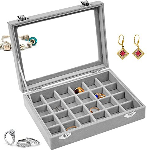 YHSKJCD Porta Orecchini Espositore Gioielli in Velluto Grigio con 24 Slots e Coperchio Trasparente - Donna Anelli 20x 15x 2.5cm
