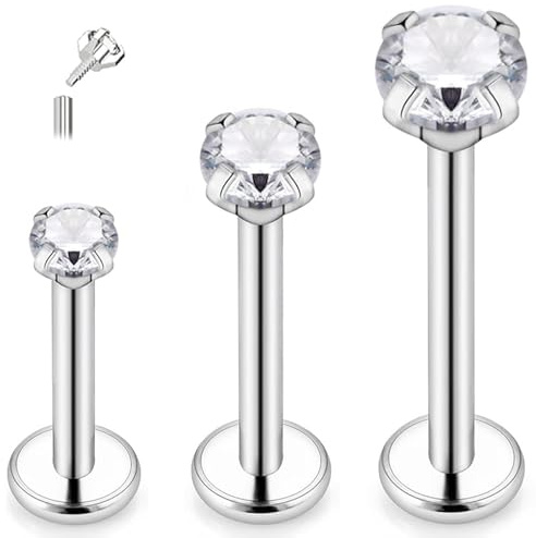 ESHIONER G23 Titane Piercing Tragus Helix Labret Piercing Oreille Cartilage Piercing Levres Bouche Bioflex Flat Studs Piercing Medusa Hypoallergénique Argent Or 16g 6mm 8mm 10mm 3 Pièces