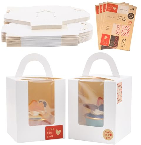 KEYIDO 50pcs Individual Cupcake Boxes White Single Cupcake Box 1 Hole Cake Box with Clear Window Handle and 4 Sheets Stickers for Wedding Birthday Party Favors
