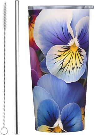 BONDIJ 20oz Tumbler With Lid And Straw Pansy Perfection Insulated Tumbler Stainless Steel Insulated Cups Vacuum Insulated Coffee Ice Cup Double Wall Car Travel Mug For Car Office Home