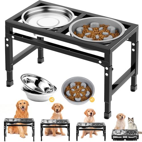 X XBEN - Cuenco para Perro Elevado, de 4 Alturas Ajustables, Cuenco para Perro de alimentación Lenta y 2 Cuencos de Acero Inoxidable, Plegable, Apto para Perros pequeños, medianos y Grandes,