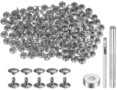 QUARKZMAN 100 Stück 8 x 10mm Leder Nieten, Runde Doppelkappe Tubular Metall Hohlnieten mit Werkzeugen, Zubehör Rücknieten für Lochzange Gürtel Dekoration Kleidung DIY Handwerk (Silber)