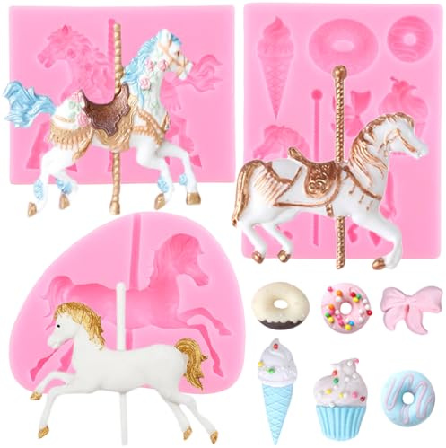 RFGHAC Karussell Pferd Silikon Fondant Formen Merry-Go-Round Schokolade Gum Paste Form Formen für Baby Shower Candy Cupcake Topper Polymer Clay Kuchen Dekorieren Set von 3