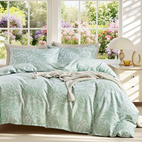 Juego de ropa de cama de Tokokimo de 220 x 240 cm, 3 piezas, con 2 fundas de almohada con cremallera, 80 x 80 cm, diseño de hojas de color verde claro, funda nórdica para cama doble con cremallera.