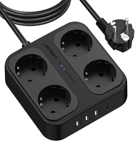 JSVER Ciabatta Multipresa 4 Prese, Presa Multipla 3 porte USB A e 1 USB C con Interruttore, Multipresa Protezione Contro le Sovratensioni Cavo di Prolunga da 3 Metri per l'home office(Nero)