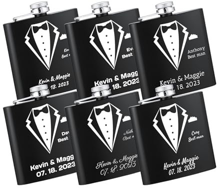 OTXIXTO Flasque à Liqueur Personnalisée pour Homme 6 Pièces 6oz Flasque en Acier Inoxydable avec 6 Entonnoirs Personnalisé Gravé Motif Noir Cadeaux pour Père Petit Ami Garçons D'honneur
