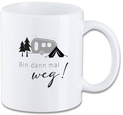 Tasse mit Spruch ″Bin dann mal weg! - Campen″ Motiv T33 Keramik Geschenk Geburtstag Spruchtasse Motivtasse Camping Zelten Wohnmobil 330 ml