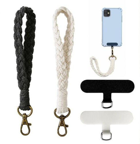 Lot de 2 bracelets de téléphone en macramé de style bohème avec 2 languettes d'attache, porte-clés et chaîne de téléphone anti-perte, anti-vol pour homme et femme (noir et blanc)