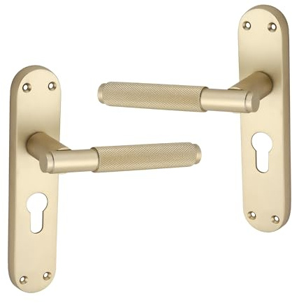 Infinity Decor Pair of Modern Knurled Lever on Backplate Euro Lock Door Handles Set - for Interior & Exterior Door (Satin Brass)