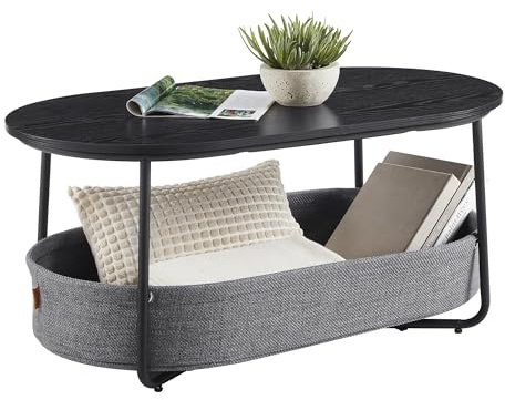 VASAGLE Couchtisch oval, Wohnzimmertisch mit Korb aus Stoff, Metallrahmen | Tisch mit Stauraum, Beistelltisch, modern, tintenschwarz-schiefergrau, LILEA Kollektion LCT222B56
