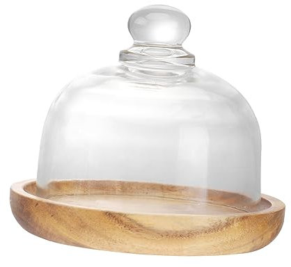 Amosfun Flat Round Wooden Cake Stand Glass Cover Cake Holder Lid Trays for Desserts Elegant Server