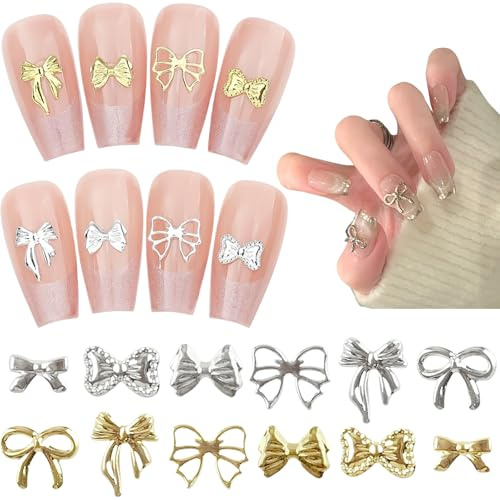 Lilbitty 120 Pièces 3D Arc Charms Pour Ongles, Or Et Argent Noeuds Pour Décoration D'Ongles, Strass Nail Art Polyvalents Pour Designs Élégants Et Projets DIY