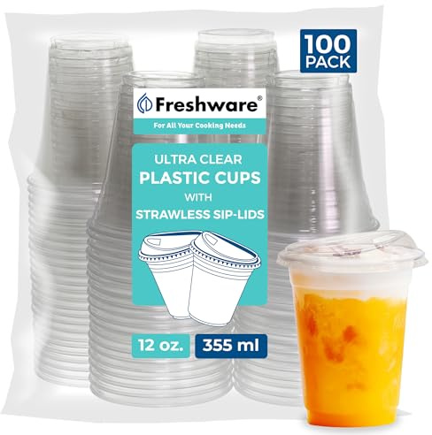 Freshware Clear Plastic Cups with Strawless Sip Lids [100 Cups - 12 oz] Disposable Tumblers for Iced Coffee, Smoothie, Milkshake, Cold Drinks