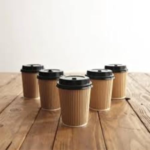 8oz Ripple Wall Paper Coffee Cups with Black Lids – 240ml Kraft Brown Disposable Hot Drink Cups | Eco-Friendly, Recyclable, Insulated Takeaway Cups for Tea, Coffee, Cappuccino – Pack of 100