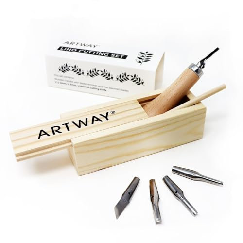Artway Utensili da taglio Lino, ideali per stampe in rilievo, 5 punte assortite e manico ergonomico, in scatola di legno