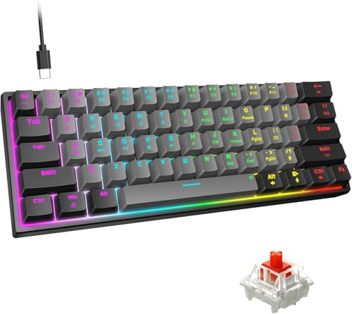 Snpurdiri Clavier de jeu mécanique filaire à 60 %, 61 touches anti-ghosting, rétroéclairage LED bleu, deux supports ultra compacts (tige rouge/noir/gris/RVB)