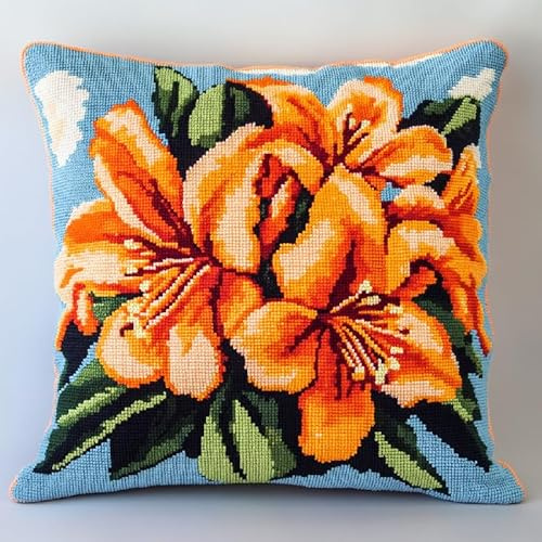 ANSIWEIGO Cross Stitch Kit Throw Pillow Case 18×18 Inches Embroidery Kits Cushion Front for Self-Embroidery with Embroidery Pattern on 100% Cotton,Needlepoint Kit,Orange Azalea