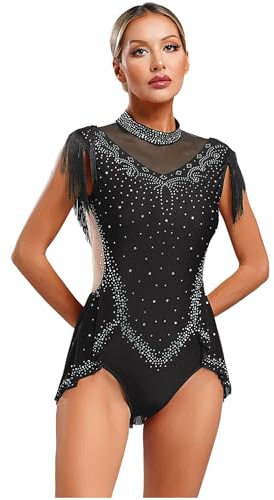 iiniim Damen Turnanzug Glitzer Gymnastikanzug Strass Glänzend Eiskunstlauf Body Overall mit Fransen Akrobatik Anzug Wettbewerb Tanzkostüm Schwarz S