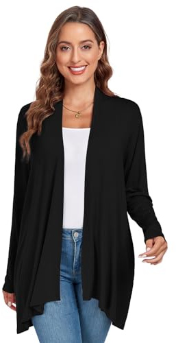 TownCat Damen Cardigan Lässig Und Entspannt Mit Taschen Lange Ärmel Leichte Jacke Offenes Ende Damen Strickjacke Atmungsaktiv Und Nicht Stickig Schwarz L
