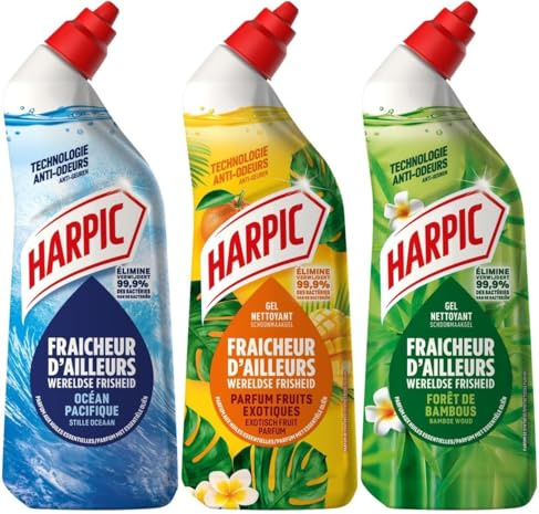 Harpic - Lot de 3 Gels WC Fraicheur d'ailleurs - Forêt de bambous + Fruits exotiques + Océan Pacifique