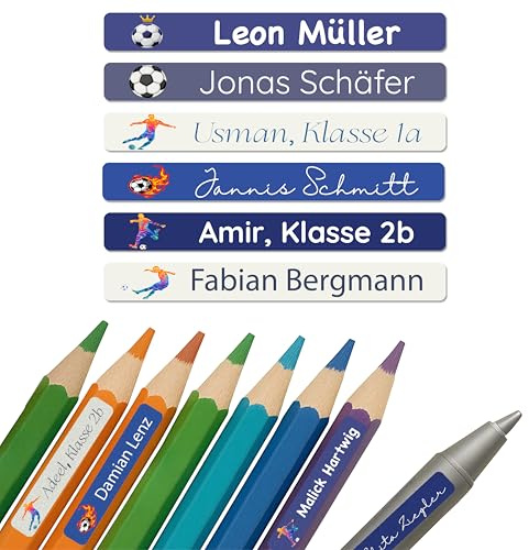 Petite Print® Namensaufkleber für Kinder (75 Stück), Schule, Kindergarten, personalisierte Aufkleber mit Namen für Stifte & Schulsachen (Fußball Neon)