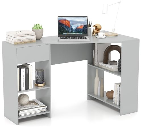 COSTWAY L-Shaped Computer Desk, 120cm Corner Study Workstation (Grey) | Wooden Writing Desk with Open Shelves & Drawer, Modern PC Laptop Table Working Desk for Home Office Bedroom