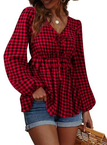 Vivilli Boho Shirts for Women: Summer Tops Elegant Tops Red Gingham Top Fashion Clothing Long Sleeve Shirts Work Blouses Business Casual Tops Spring Office Ladies Dressy Blouses Plaid XL