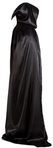 HORREX Capa Negra con Capucha, Capa Halloween Medieval Capucha Negra Carnaval, Disfraz Brujo Hombre Juego de Rol Disfraz Halloween Adulto Vampiro para Baile de Máscaras Cosplay (130 cm)