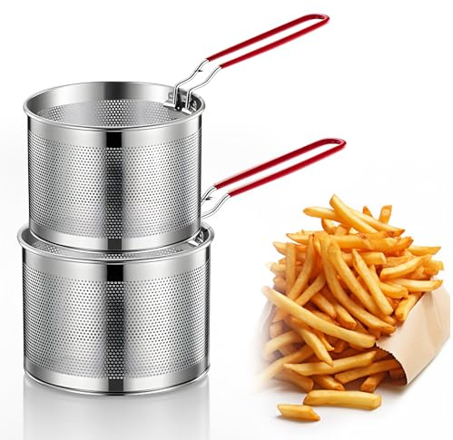 GOEDCH Lot de 2 passoires alimentaires en acier inoxydable : panier à pâtes en métal, panier à friteuse avec longue poignée, passoire à pâtes avec poignée amovible, passoire à pâtes micro-perforée