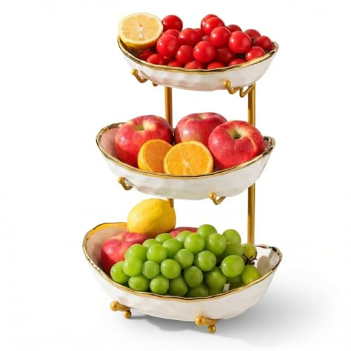Simcat 3-Schicht Obstschale Keramik mit Metallgestell - Etagere Dekoschale für Küche/Wohnzimmer, Serviert Obst/Gemüse/Snacks, Geschenkfertig (White)