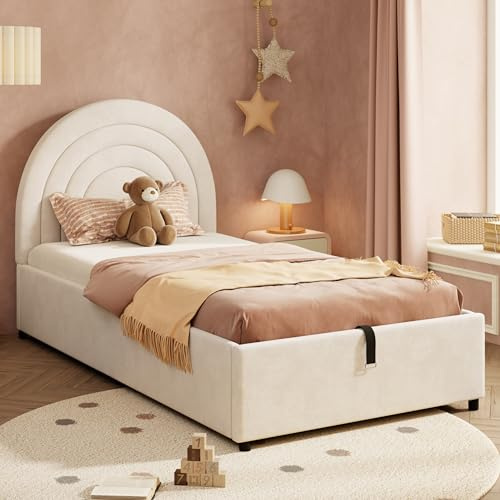 3ft Single Bed Frame with Storage, Functional Upholstered Ottoman Bed with Wooden Slats, Velvet Fabric Hydraulic Storage Bed Youth Beds Children Beds for Adults Kids Teenagers, No Mattress, Beige