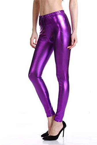 Generisch Glitzer Leggings Damen Silberne Metallic Leggings Glänzend Kunstleder Wetlook PU Leder Yoga Hose Tanzhose 70er 80er 90er Party Tanz Disco Karneval Alien Kostüm Leggins Lederoptik