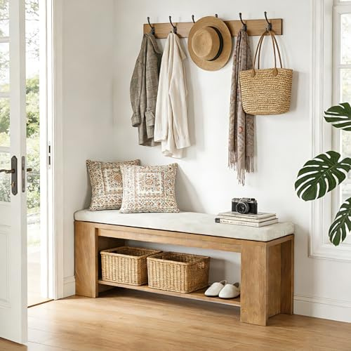 Tribesigns Upholstered Entryway Bench, 47-Inch Long Farmhouse End of Bed Bench with Padded Seat and MDF Frame, Rustic Indoor Cushion Seat for Entrance, Hallway, Bedroom