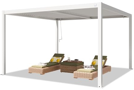 PRIMEYARD Pergola 4x4 m Aluminium-Pfosten mit Lamellendach aus Stahl weiße Terrassenüberdachung