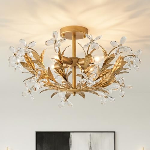 Parrot Uncle 23.6 Inch Semi Flush Mount Ceiling Light, 4-Light Gold Modern Ceiling Light Crystal Fancy Light Fixtures for Bedroom,Kitchen, Living Room, Dining Room, Hallway