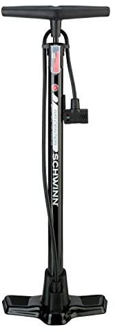 Schwinn Air Center Floor Bike Pump, Pumps 120 Max PSI, Dual Head Fits Schrader and Presta Valve Types, Pressure Gauge Not Included, Wide Metal Base, Black