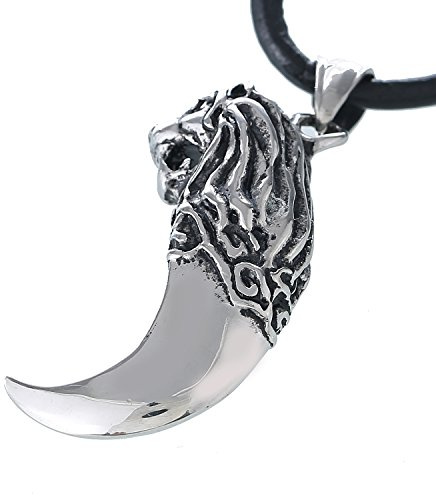 DonDon Collana da Uomo in Cuoio Pelle 50 cm con Pendente in Acciaio Inossidabile Leone Dent Massiccio