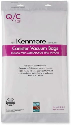 Compatible with Kenmore Canister Vacuum Bags Type Q/С HEPA - Models 5055, 50557, 50558, 20-53292, 53291, 200, 400, 700, 800 Series - Pack of 6 Premium Cloth Bags